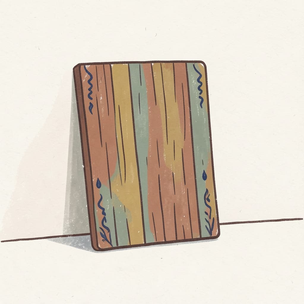 A wooden plank board leaning against a wall.