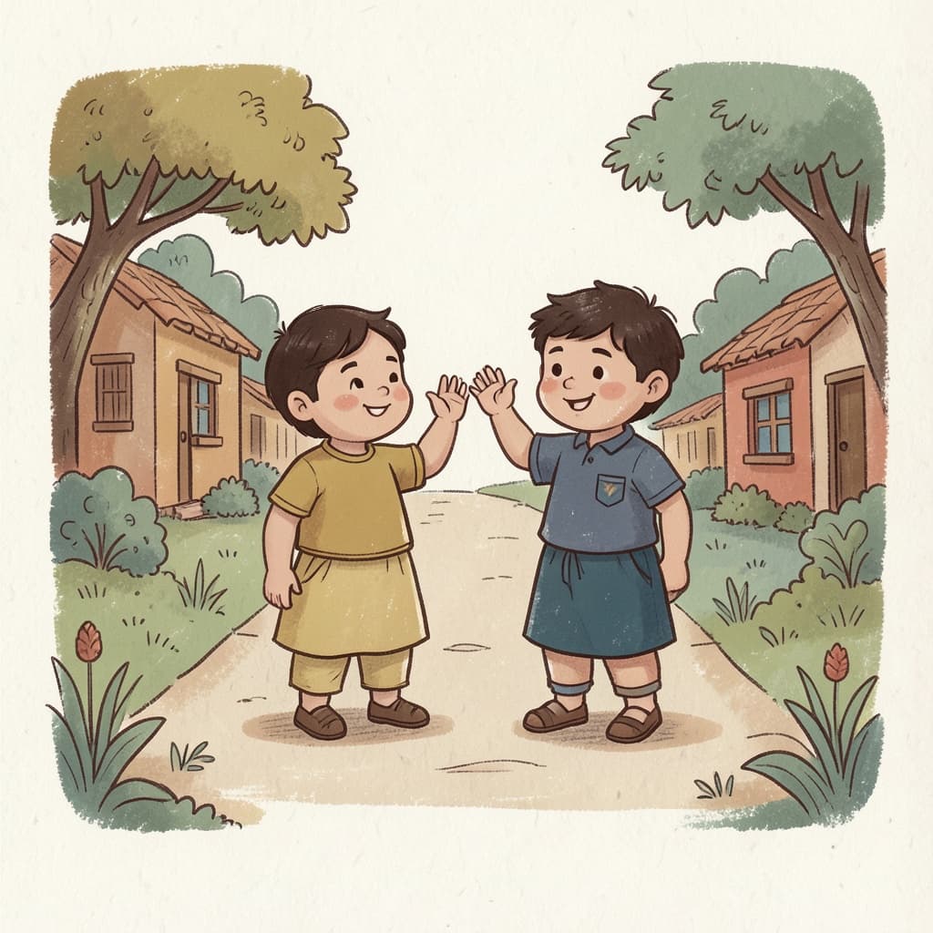 Two children waving goodbye to each other on a village path, smiling.