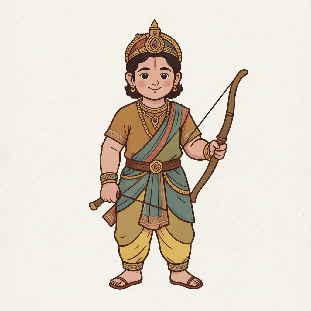 Prince Rama in royal clothes holding a bow, standing calmly.