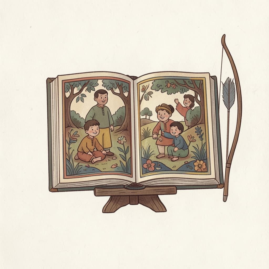An old illustrated book of stories open on a stand with a bow and arrow beside it.