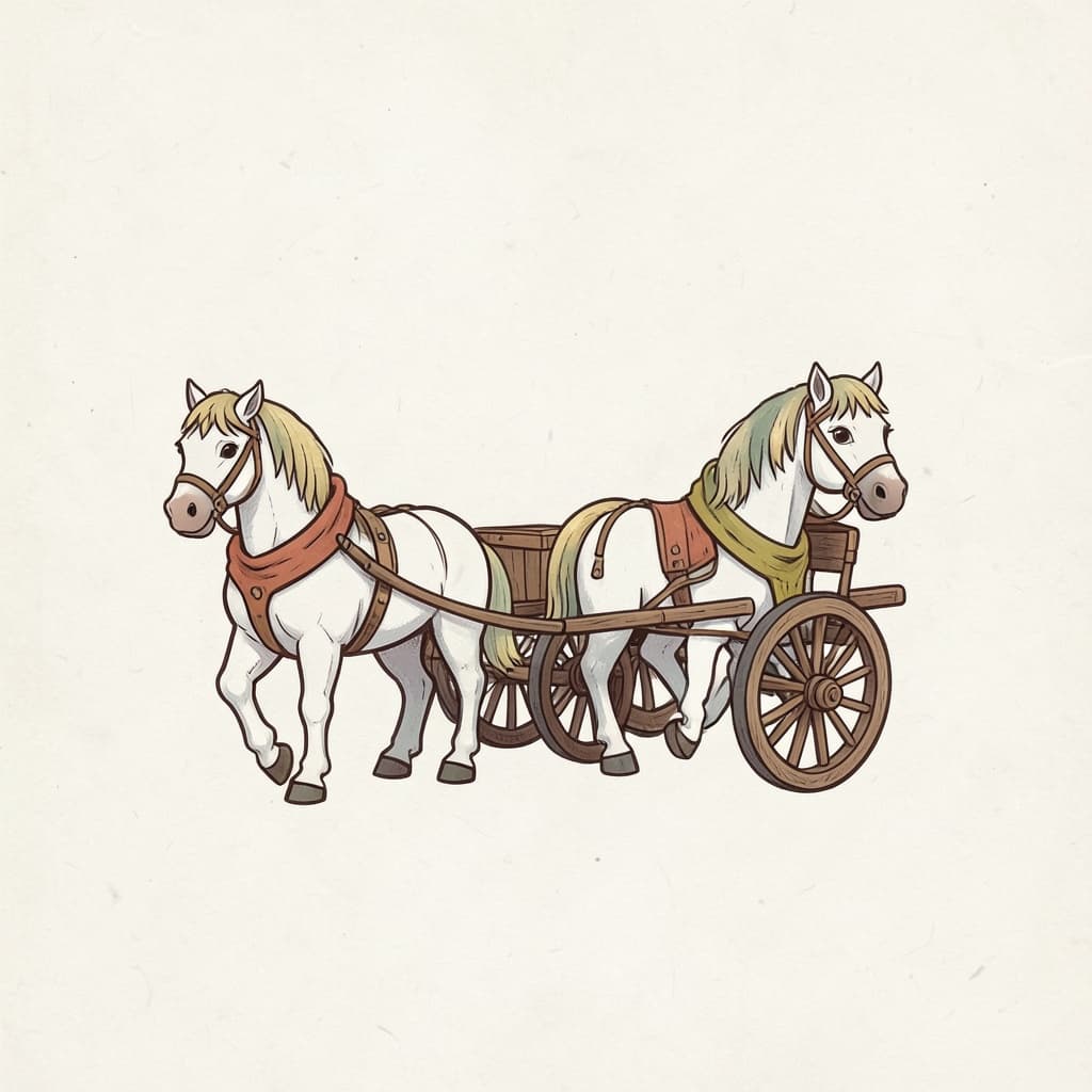 An old wooden chariot pulled by two white horses.