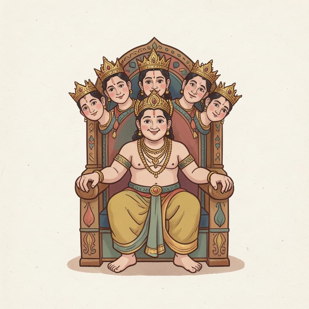 King Ravana with ten crowned heads on a throne, drawn in a gentle storybook way.