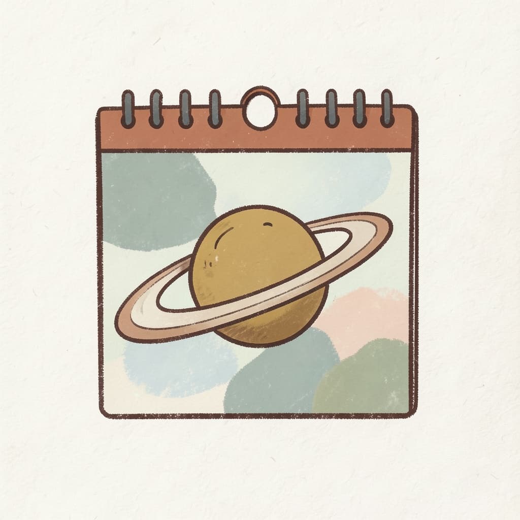 A calendar page with the ringed planet Saturn drawn on it.
