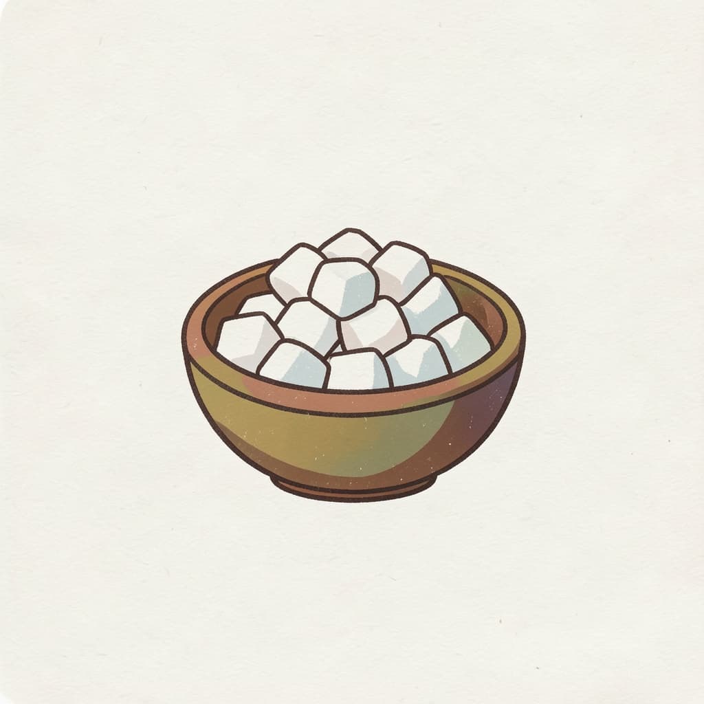 A small bowl of white sugar cubes and crystals.