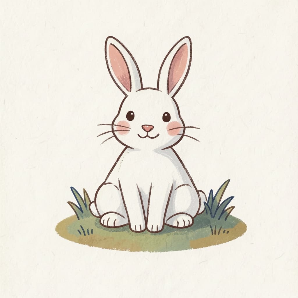 A white rabbit with long ears sitting on grass.