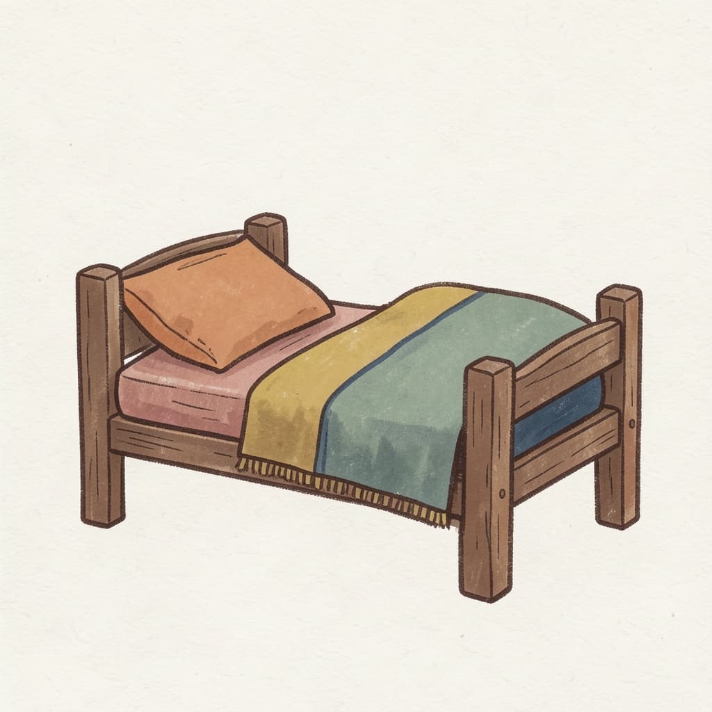 A wooden cot bed with a pillow and a folded blanket.