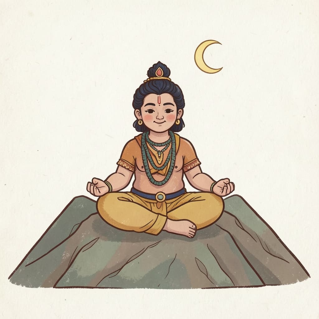 Lord Shiva meditating calmly on a mountain with a crescent moon in his hair.