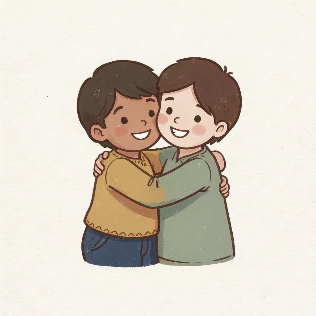 Two friends hugging each other warmly.