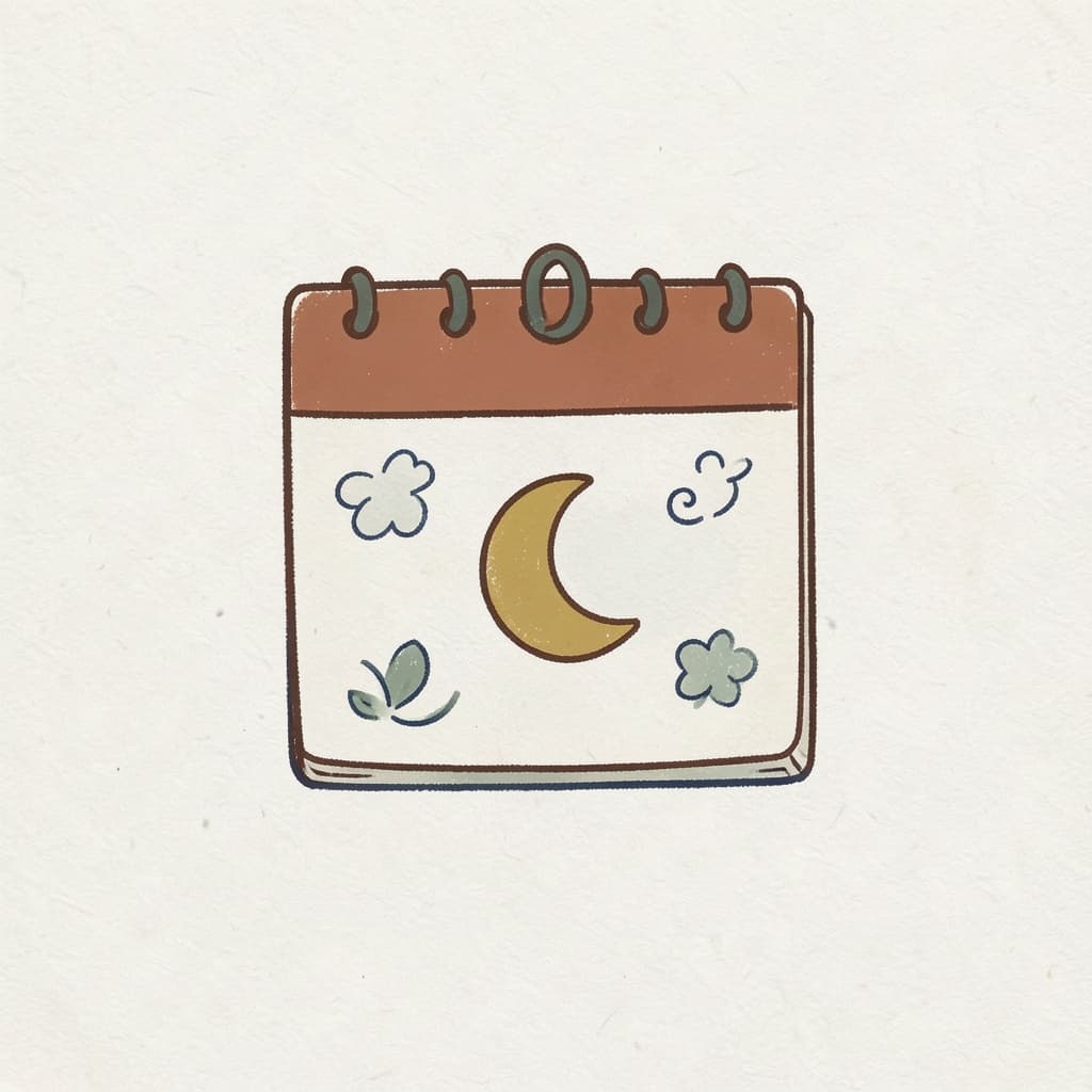 A calendar page with a crescent moon drawn on it.