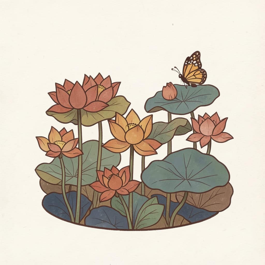 A beautiful garden with blooming lotus flowers and a butterfly.