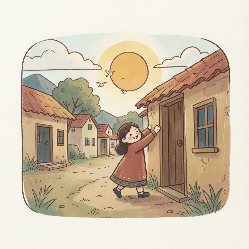The sun rising over a village with a girl stretching happily at her doorway, birds flying in the morning sky.