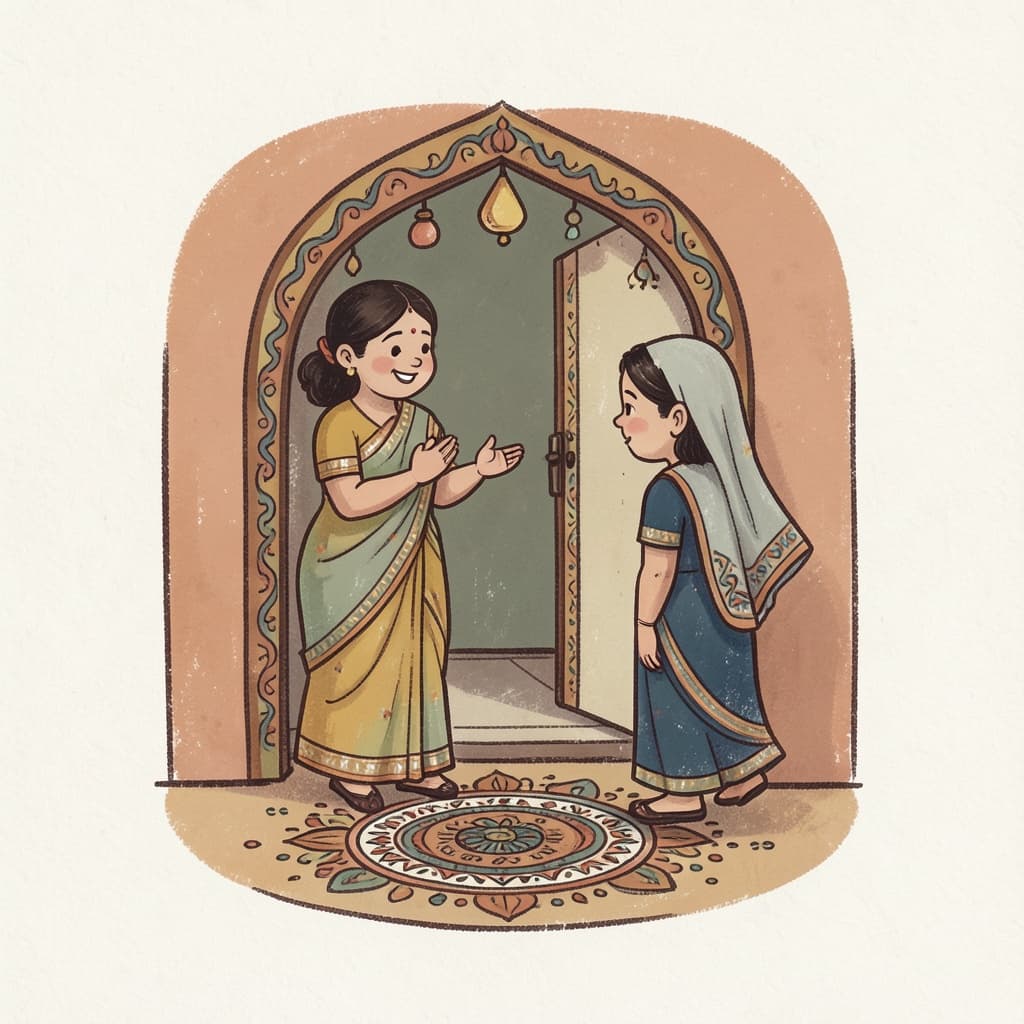 A smiling woman in a sari at a decorated doorway with folded hands, welcoming a guest, a rangoli pattern on the ground.