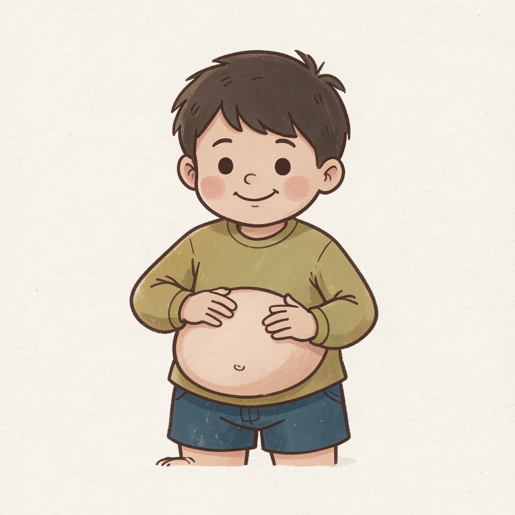A boy patting his round full belly after a meal, smiling.