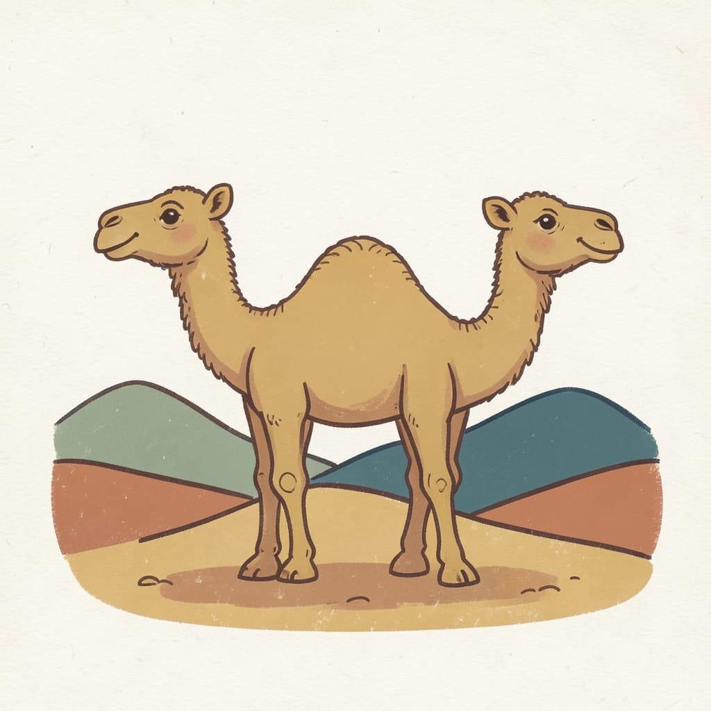 A camel with one hump standing in a desert with sand dunes.