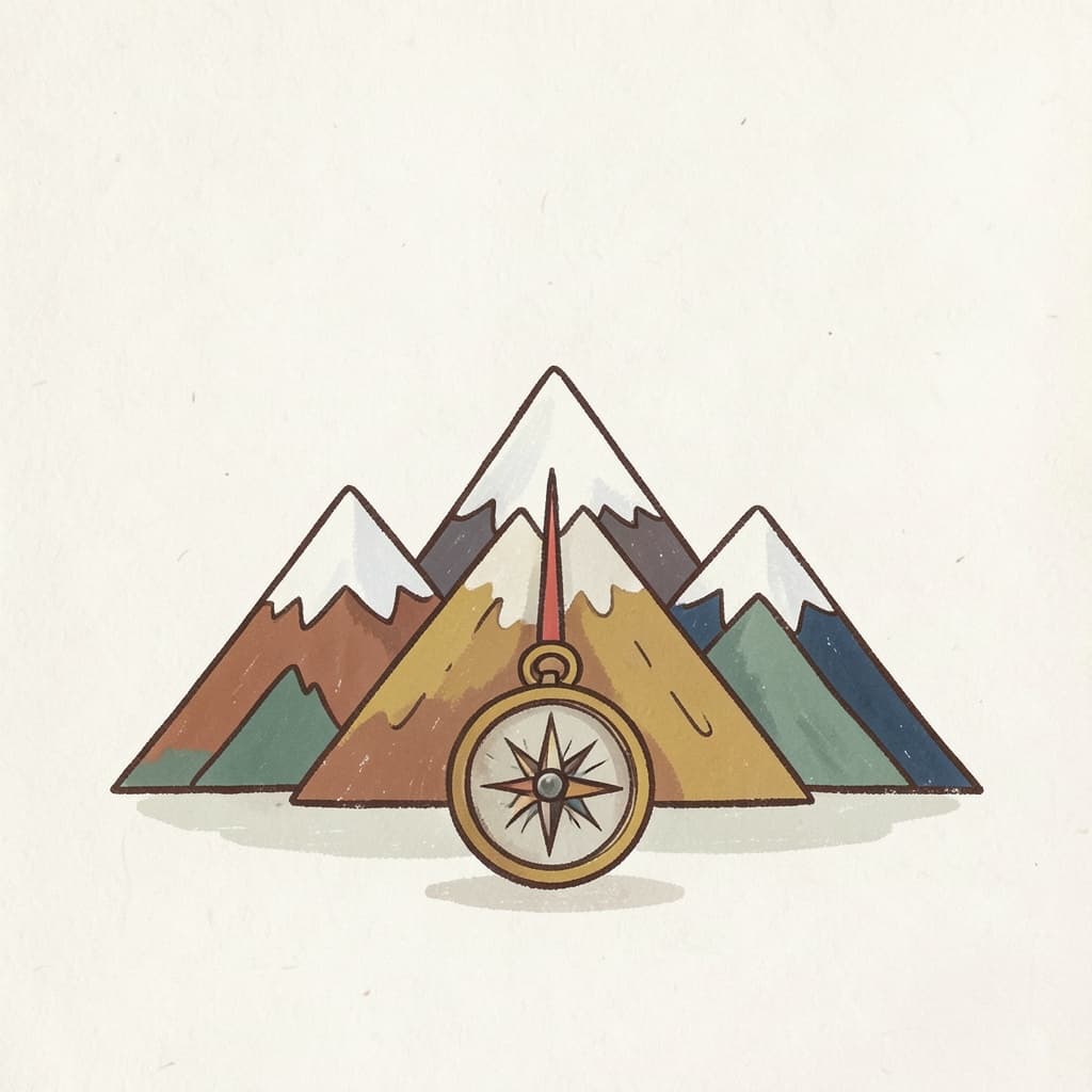 A compass needle pointing up towards snowy mountains.
