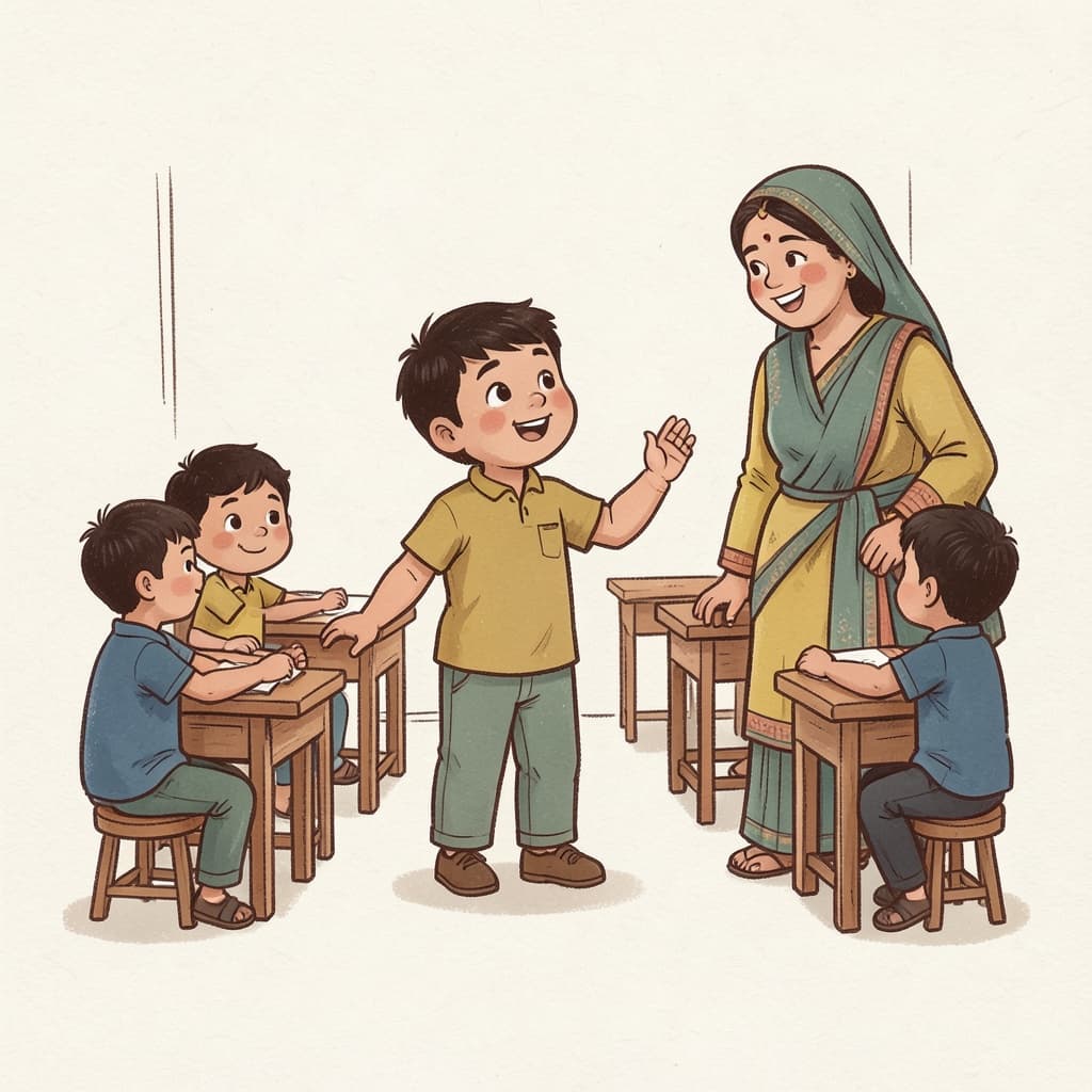 A boy standing up in class answering confidently while the teacher smiles.