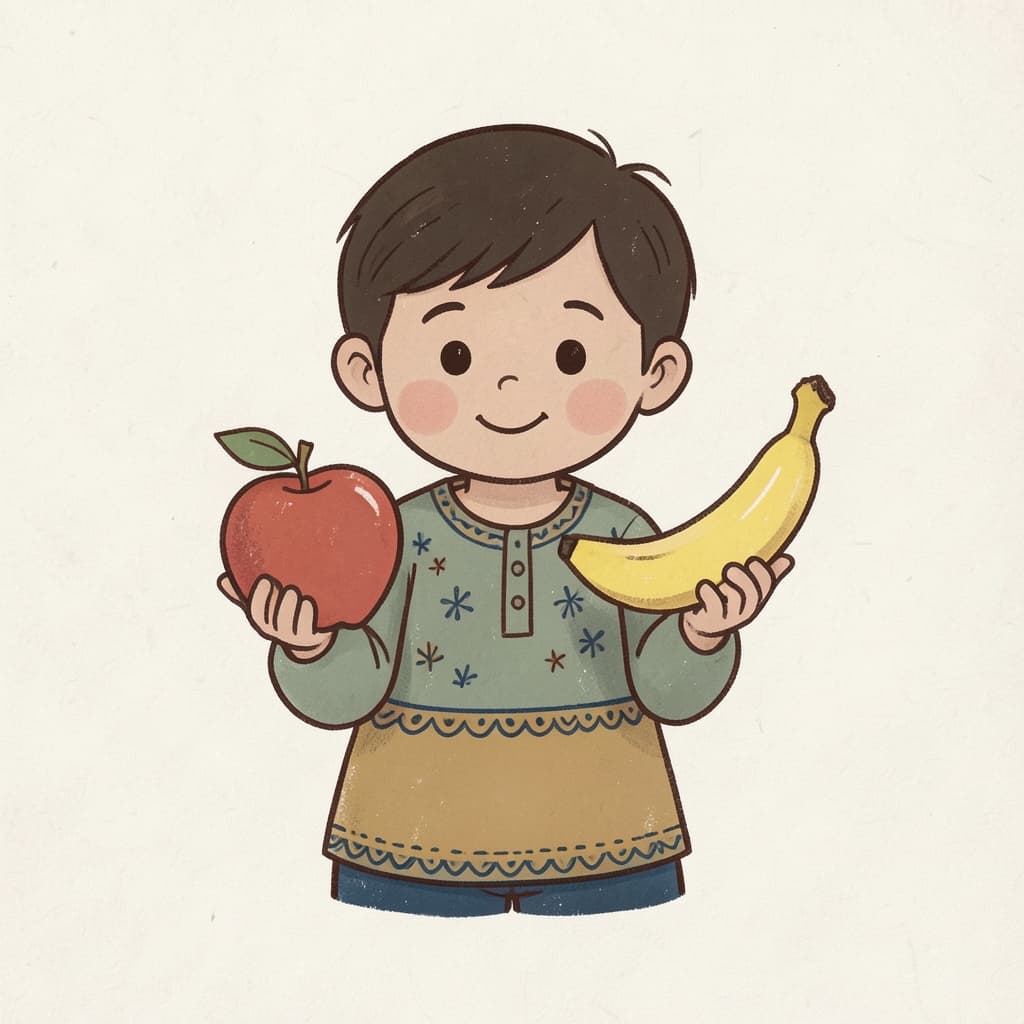 A child choosing between an apple and a banana, one in each hand.