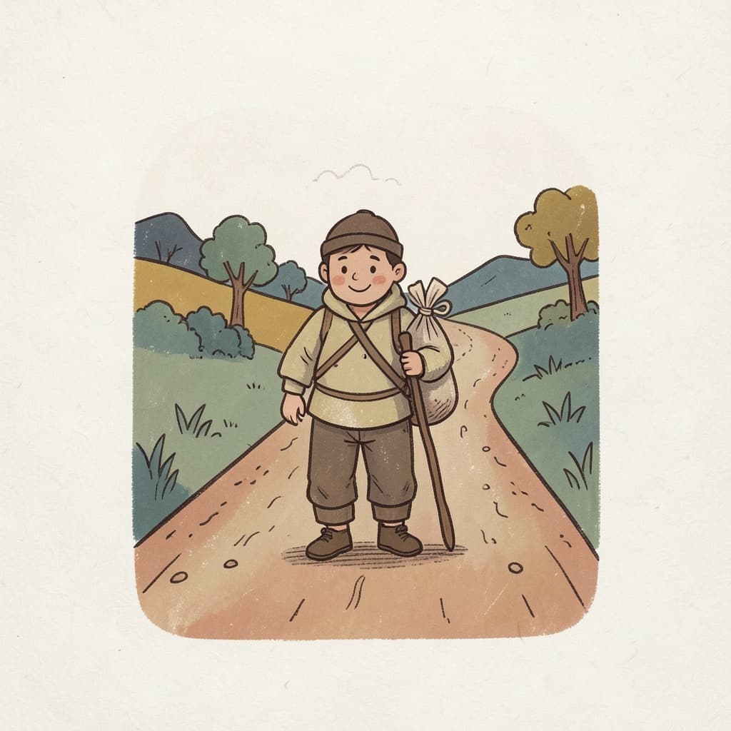 A traveller with a cloth bundle on a stick and a walking staff on a long dusty road.