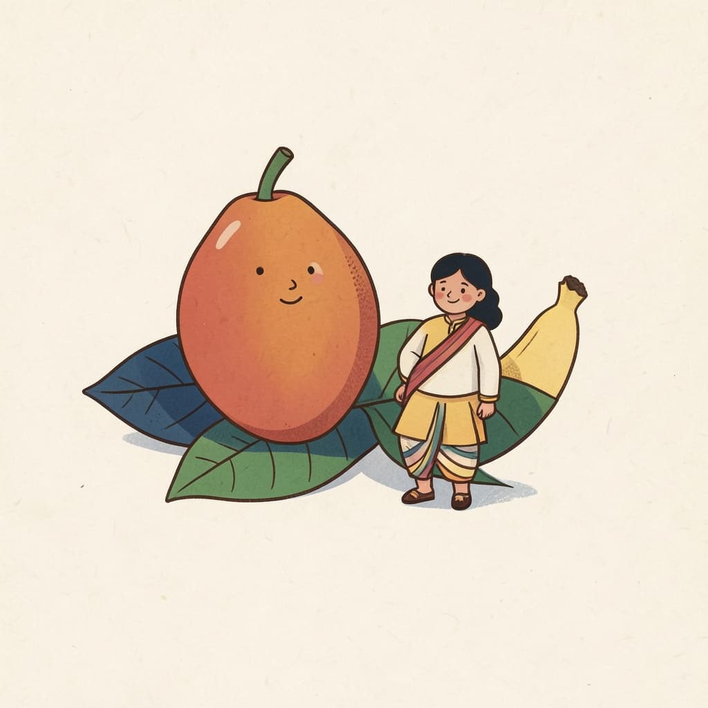 A mango and a banana lying side by side on a leaf.