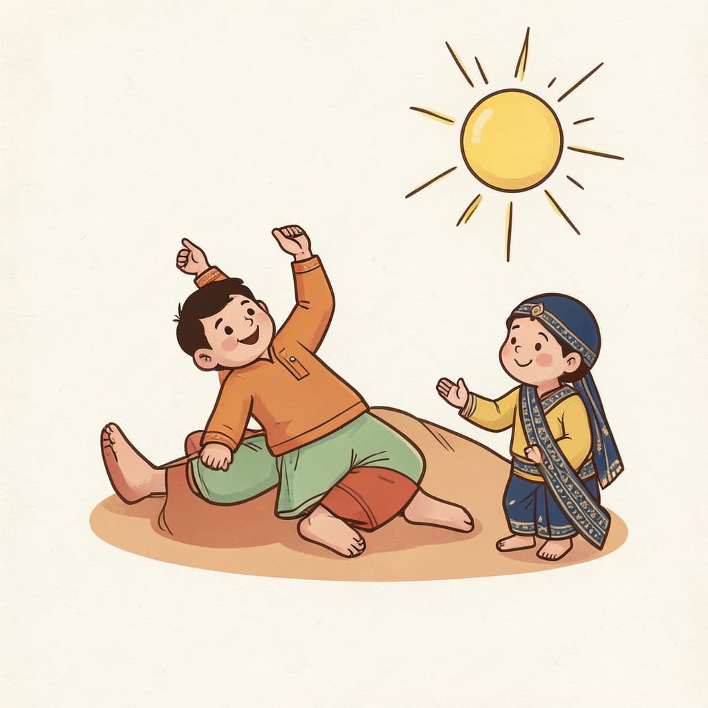 अज्ज (आज · today): A bright morning sun and a child waking up and stretching.
