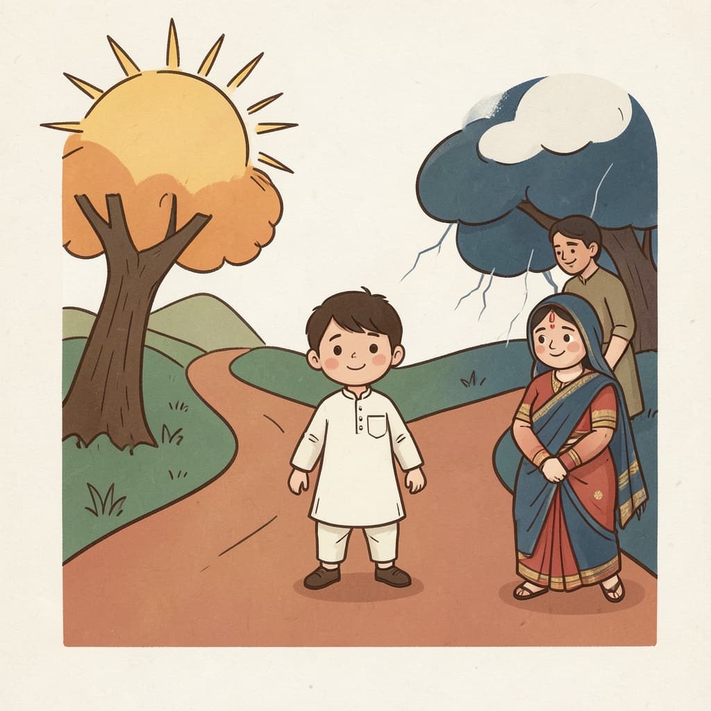 अण्णहा (अन्यथा · otherwise): A child at a fork in the road, one path sunny and the other stormy.