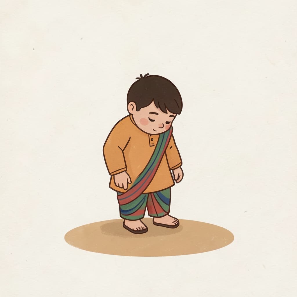 A child pointing down at a spot on the ground right at his feet.