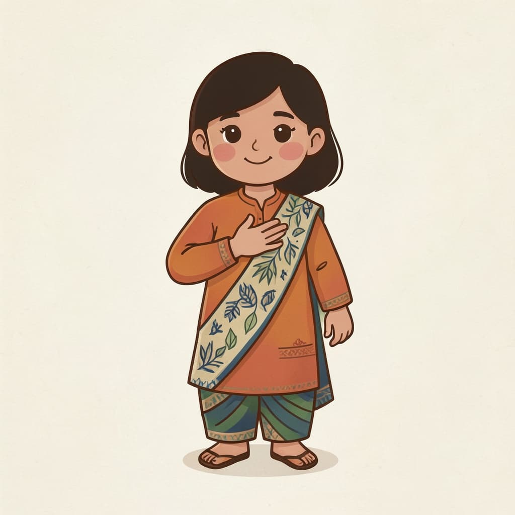 अवस्स (अवश्य · certainly): A girl nodding confidently with her hand on her heart.