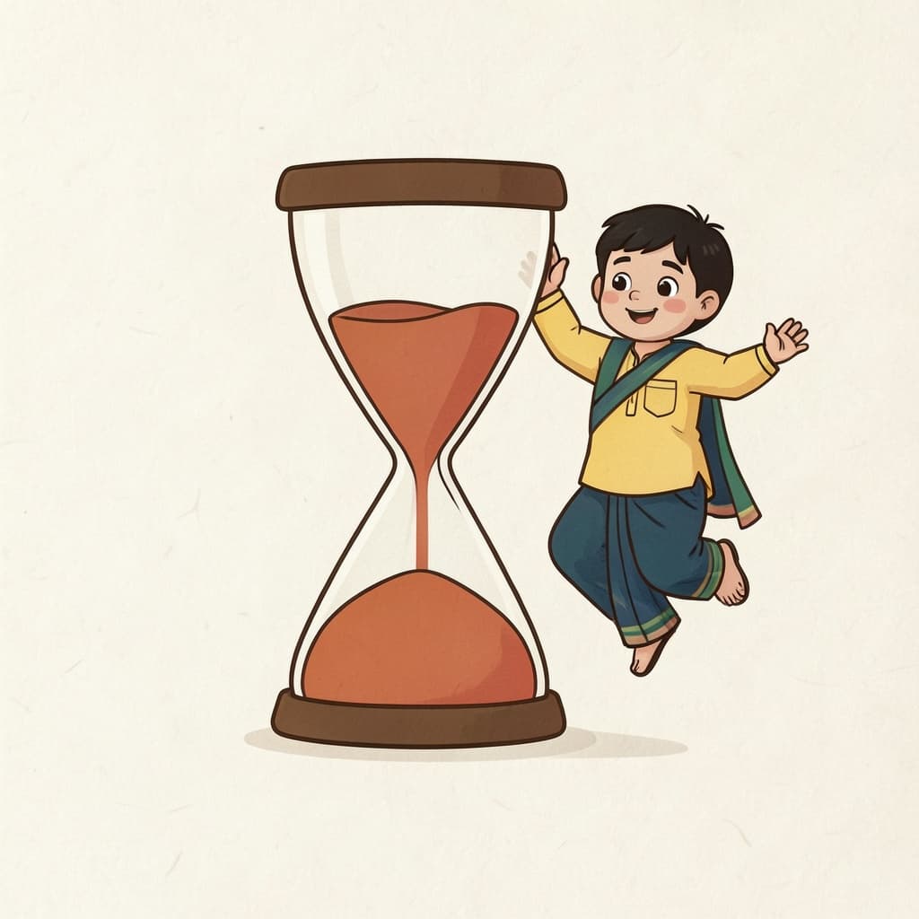 A sand timer with sand running, and a boy jumping up ready.