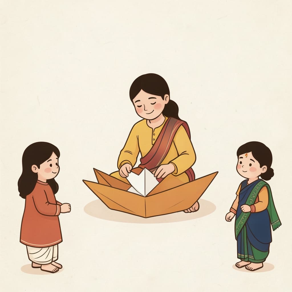 A teacher showing how to fold a paper boat while children copy her.