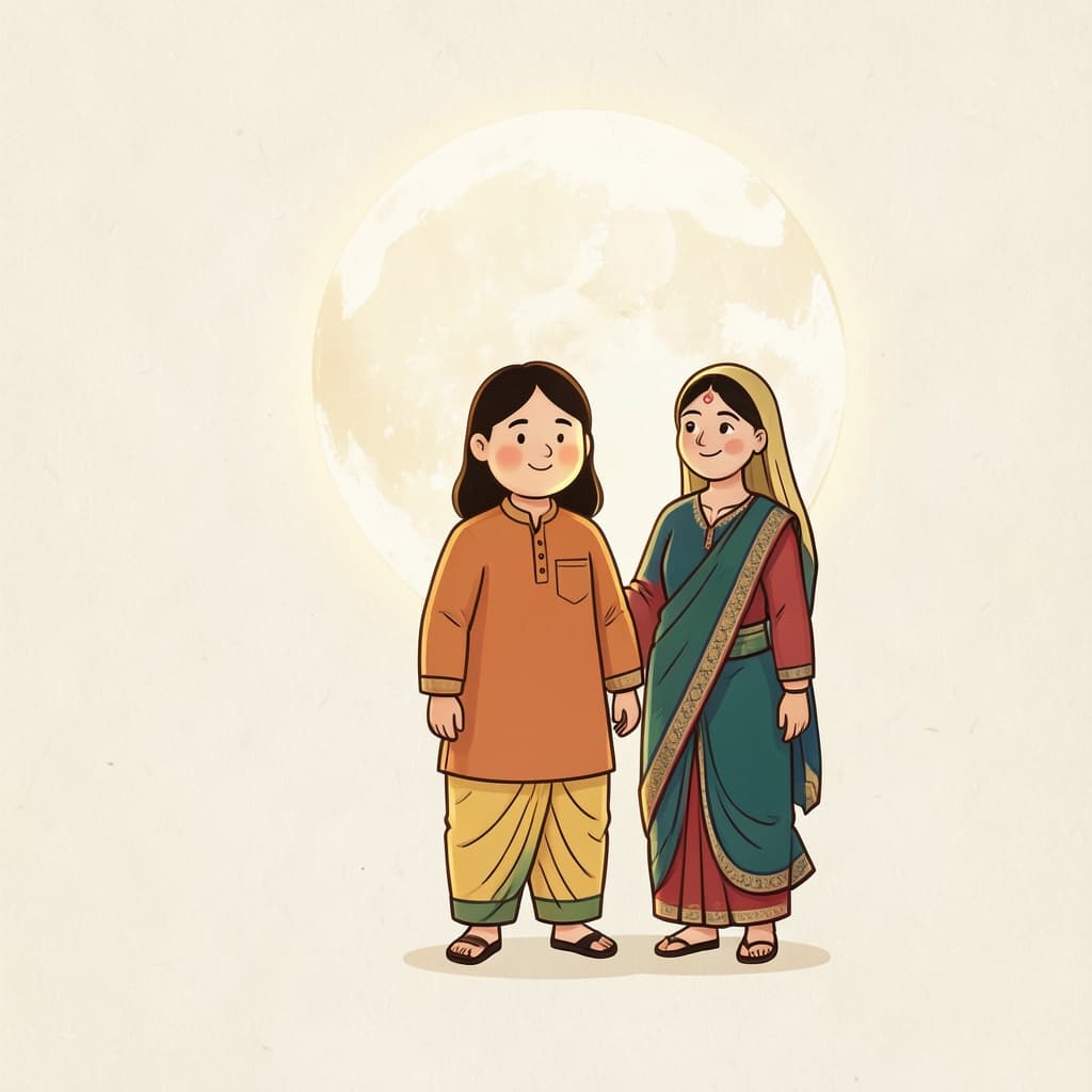 इव / व्व (जैसे · like): A girl with a round glowing face beside a bright full moon.