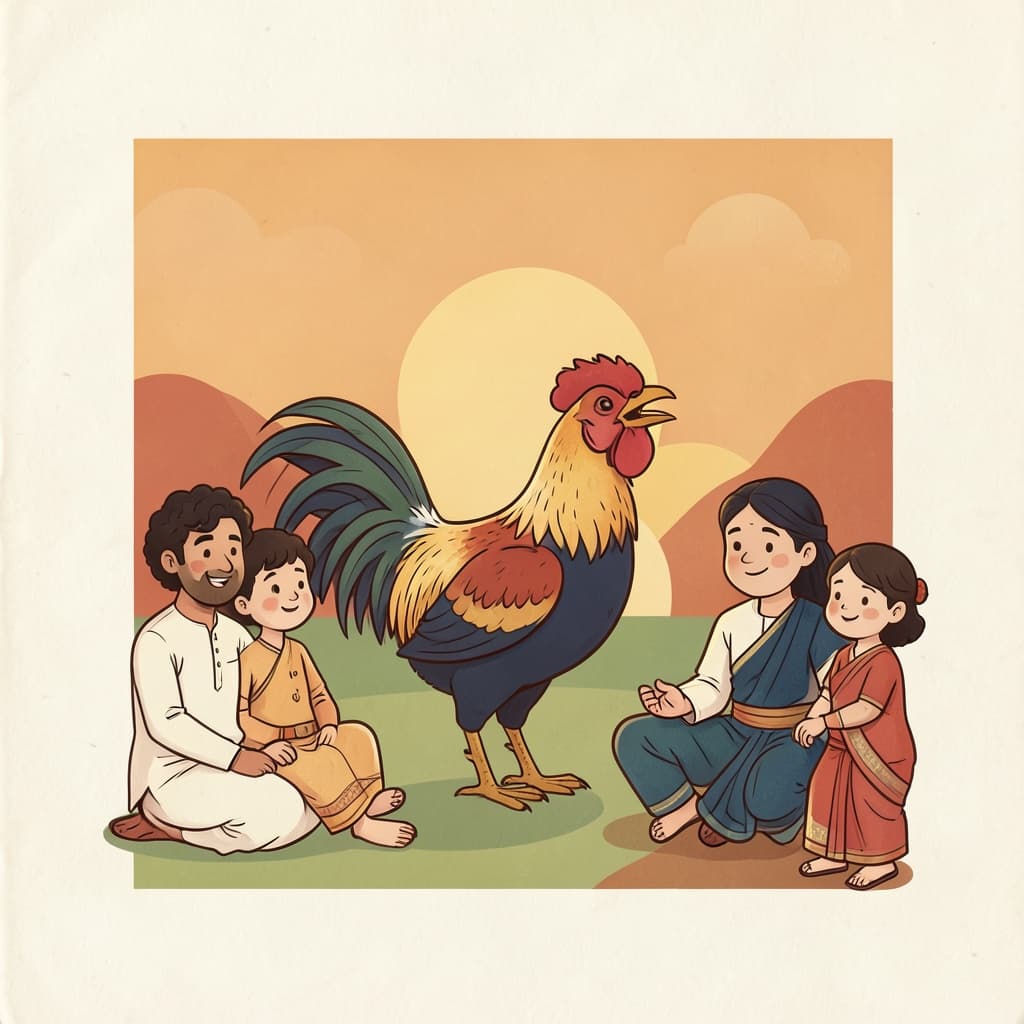 जया … तया (जब … तब · when … then): A rooster crowing at dawn while a family wakes up.