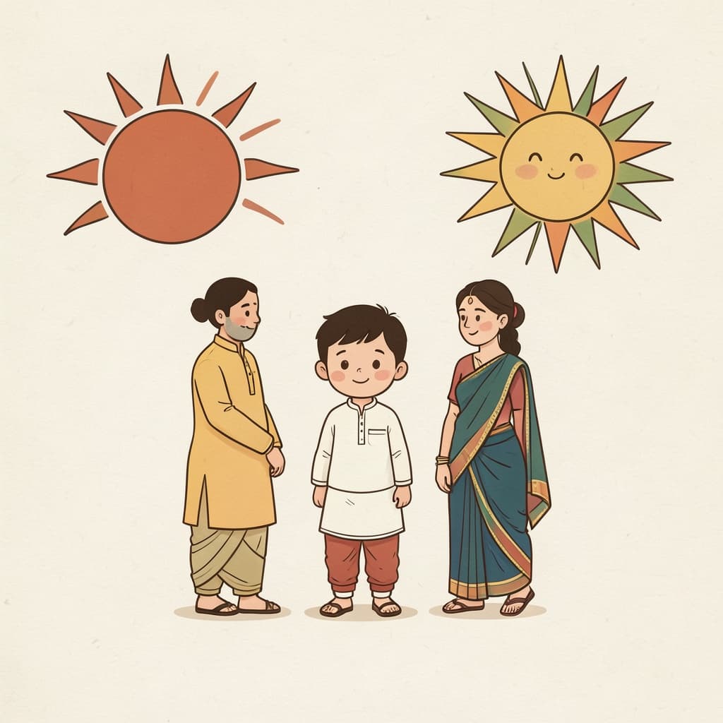 कल्ल (कल · yesterday / tomorrow): A setting sun on one side and a rising sun on the other, a child standing in the middle.