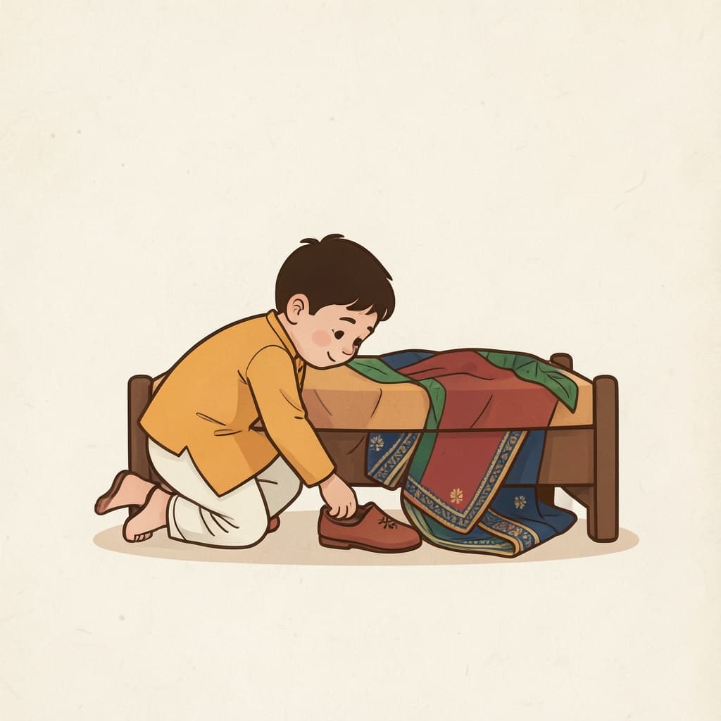 A boy searching under a cot for his lost slipper, looking around.
