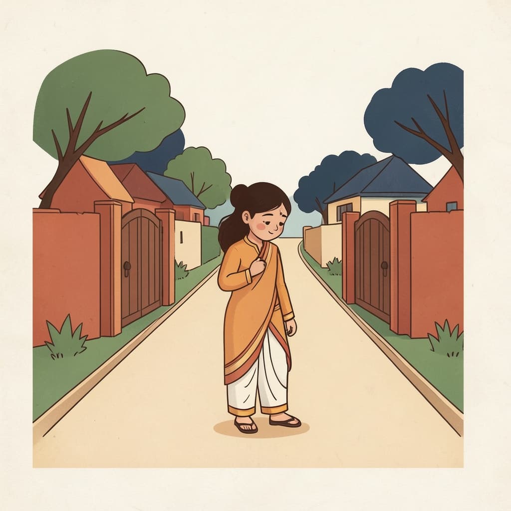 A girl waiting at the village gate, looking down the road.