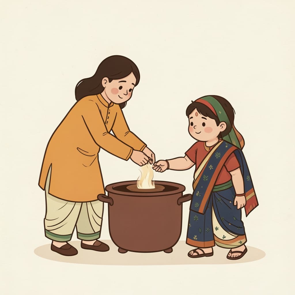 मा (मत · do not): A mother stopping a child from touching a hot pot, her palm raised.