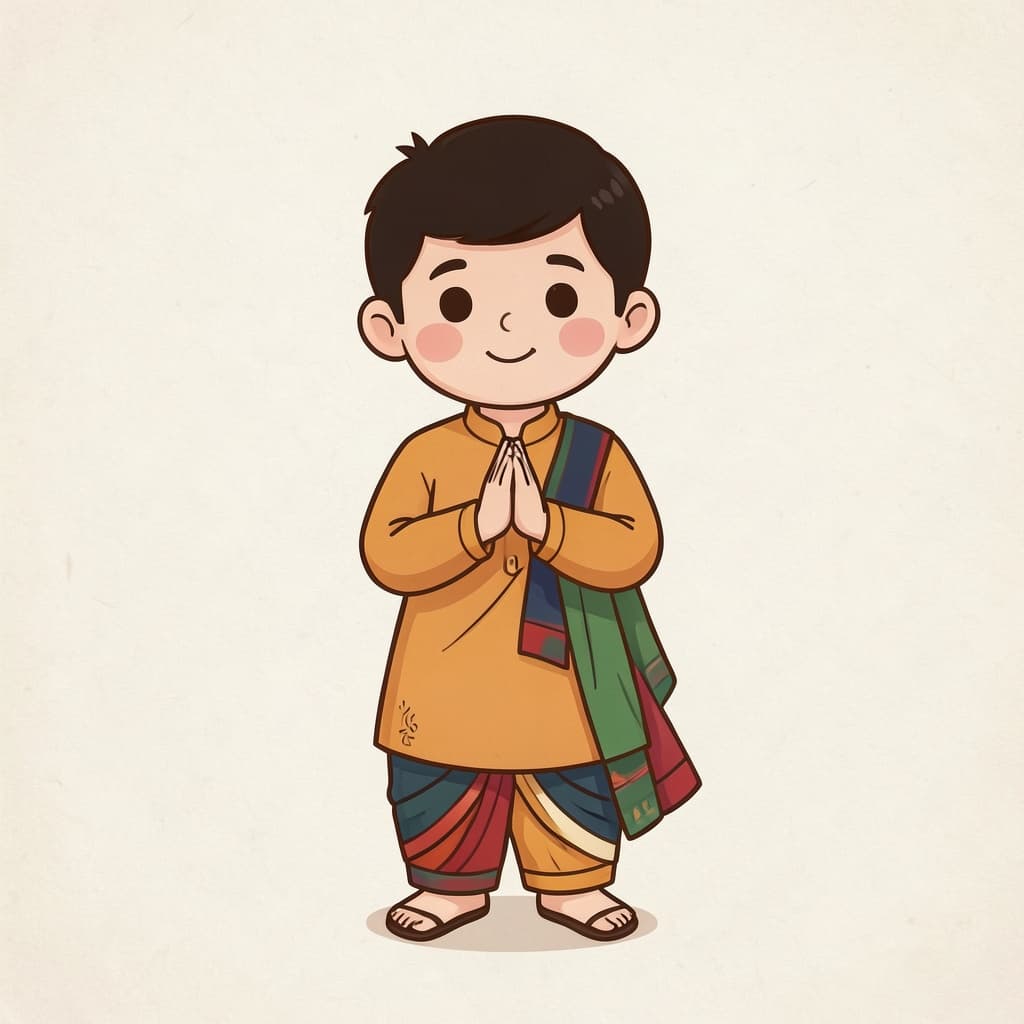 A boy greeting with folded hands in namaste.