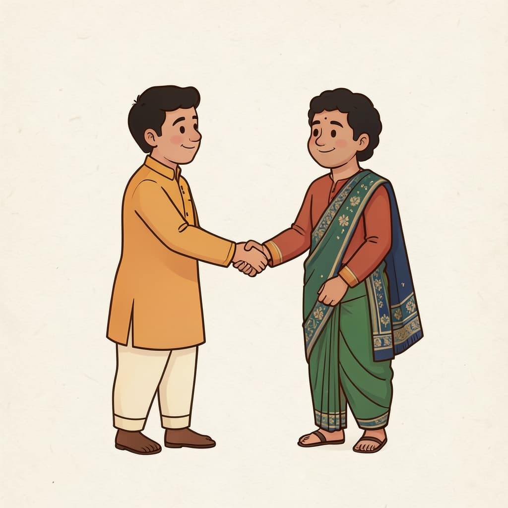 णूणं (निश्चय ही · surely): Two men firmly shaking hands, making a promise.