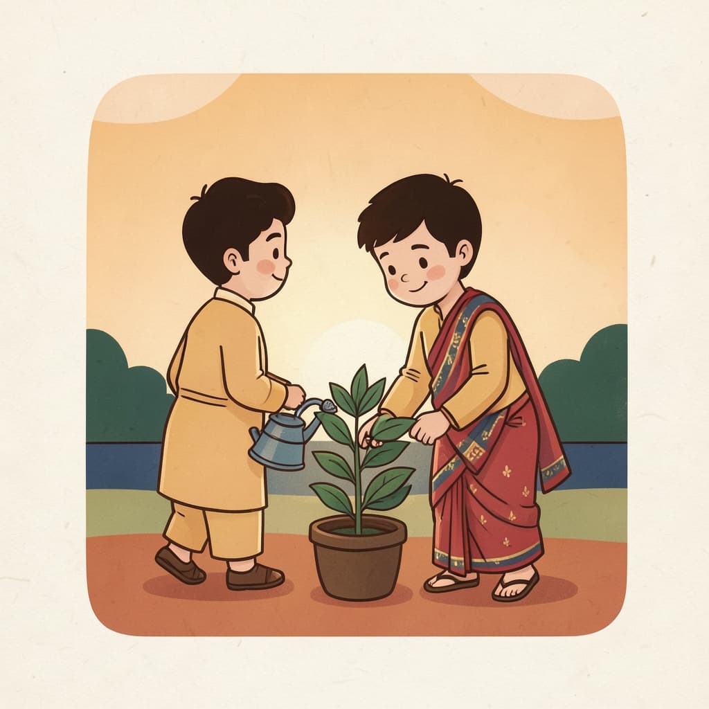 पइदिणं (प्रतिदिन · daily): A boy watering a plant at sunrise, as he does every morning.