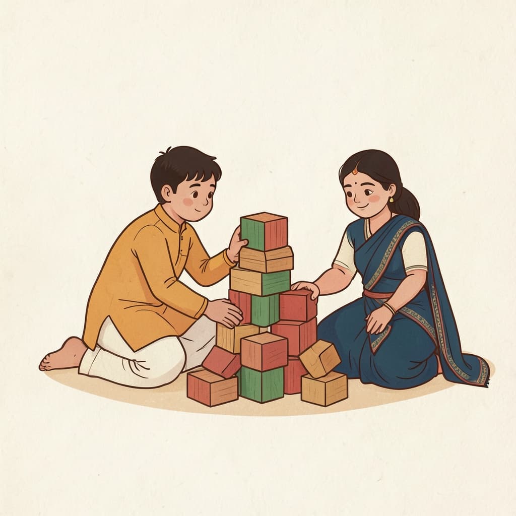 पुणो / पुणरवि (फिर से · again): A child building up a fallen tower of wooden blocks again.