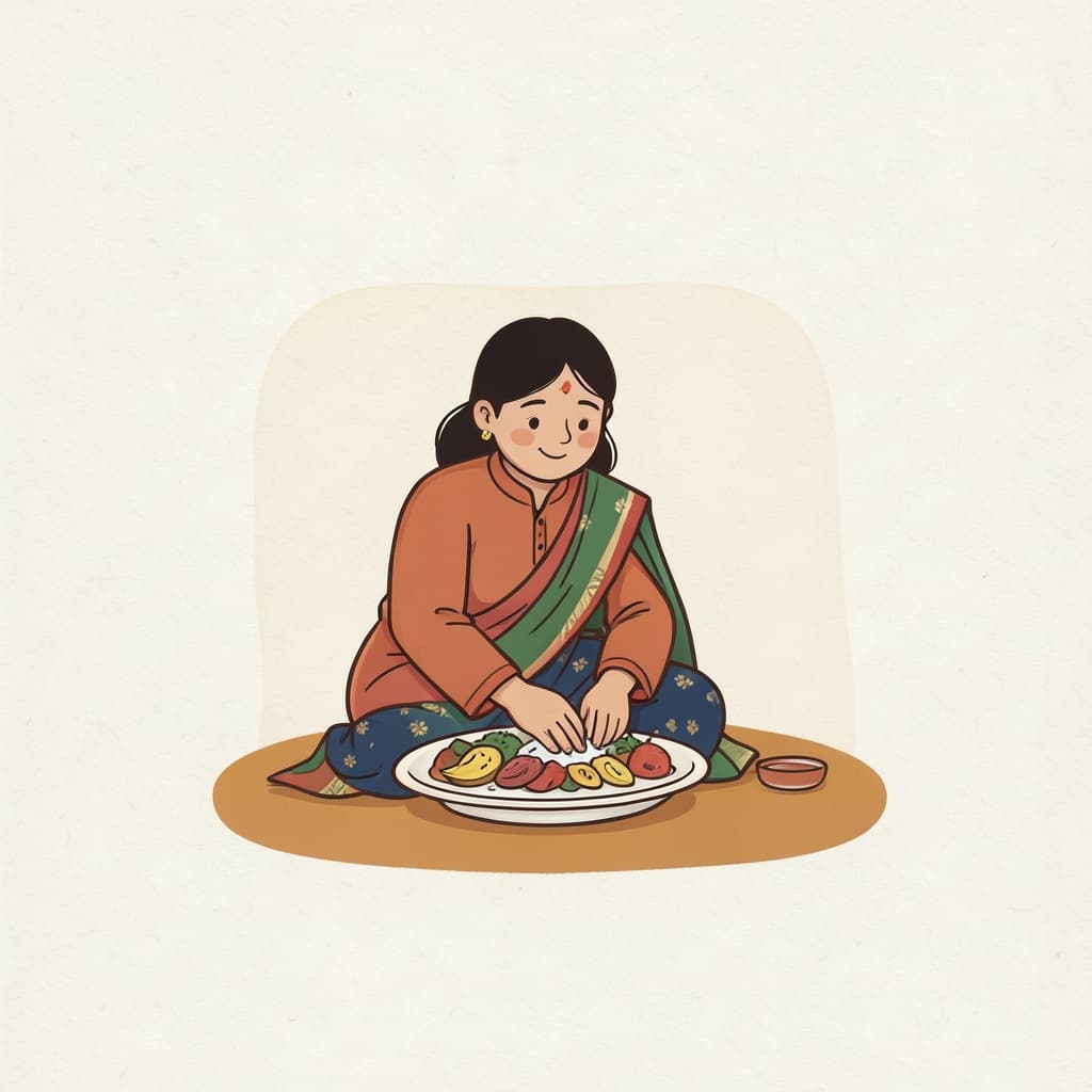 पुव्वं (पहले · before): A girl washing her hands before eating her meal.
