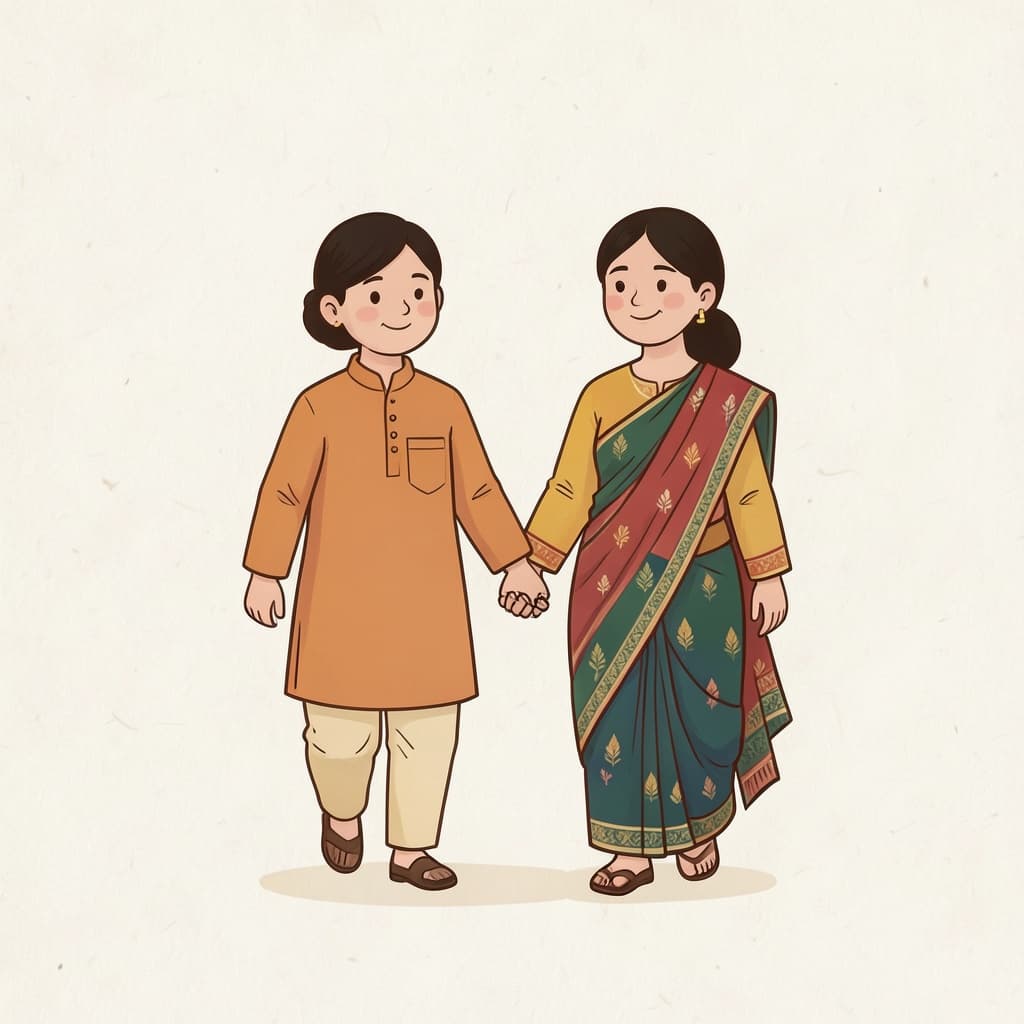 A girl walking together with her grandmother, holding hands.