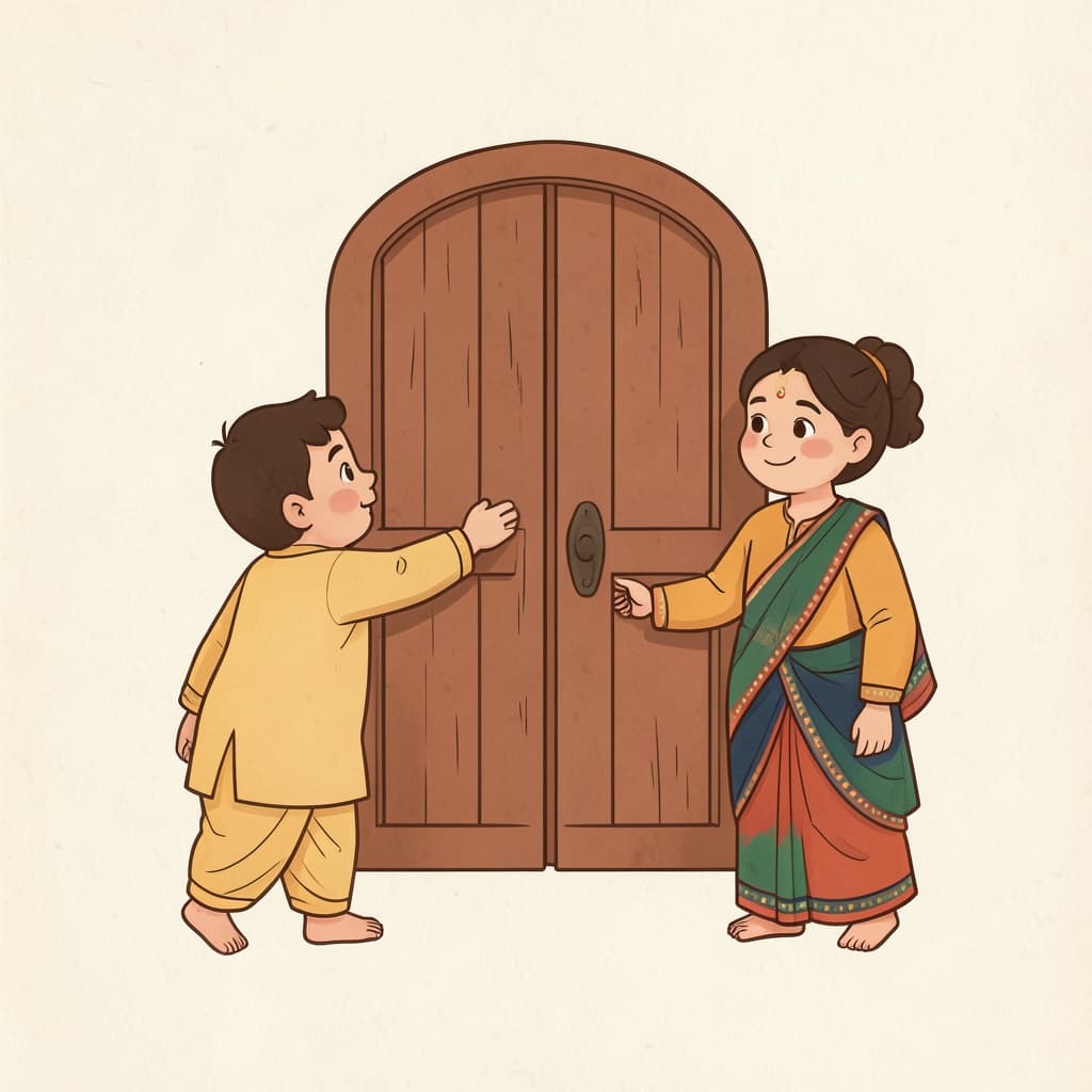 सइ (एक बार · once): A child knocking once on a big wooden door.