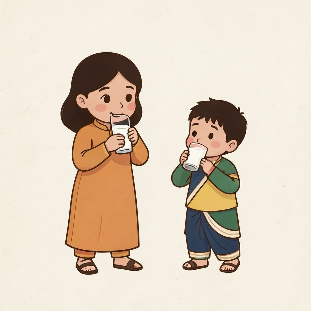 A girl drinking milk and her little brother drinking milk too.