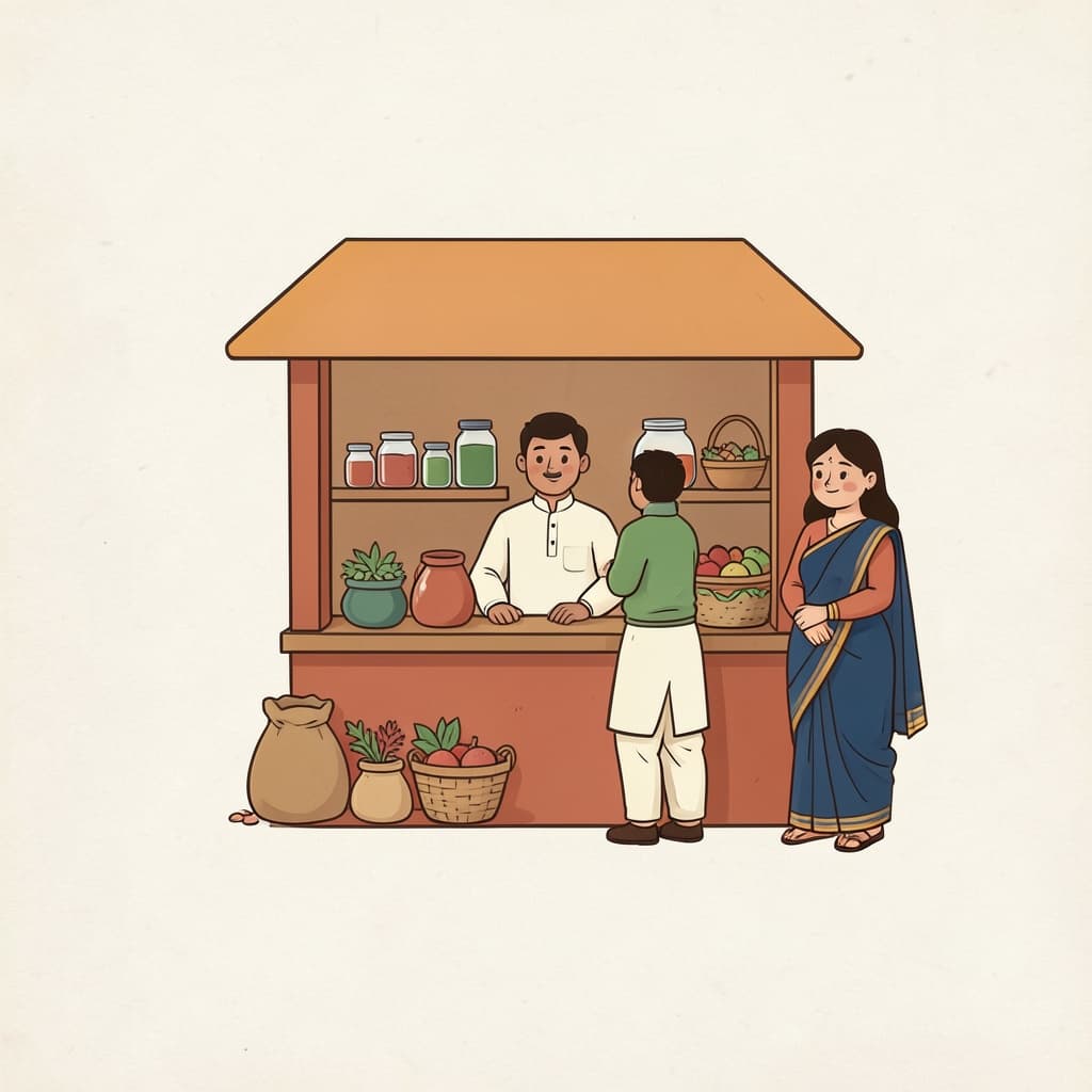 A small village shop with jars, sacks and baskets of goods and a shopkeeper.