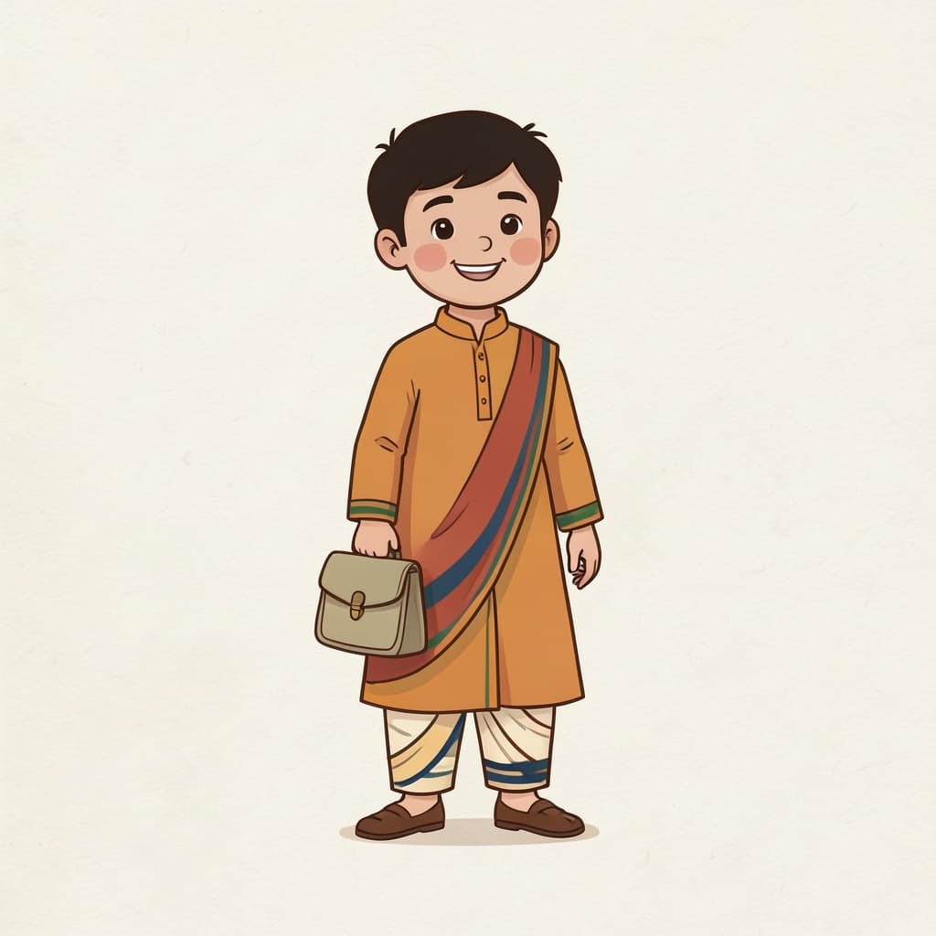 A cheerful boy in a kurta standing with a small cloth school bag.