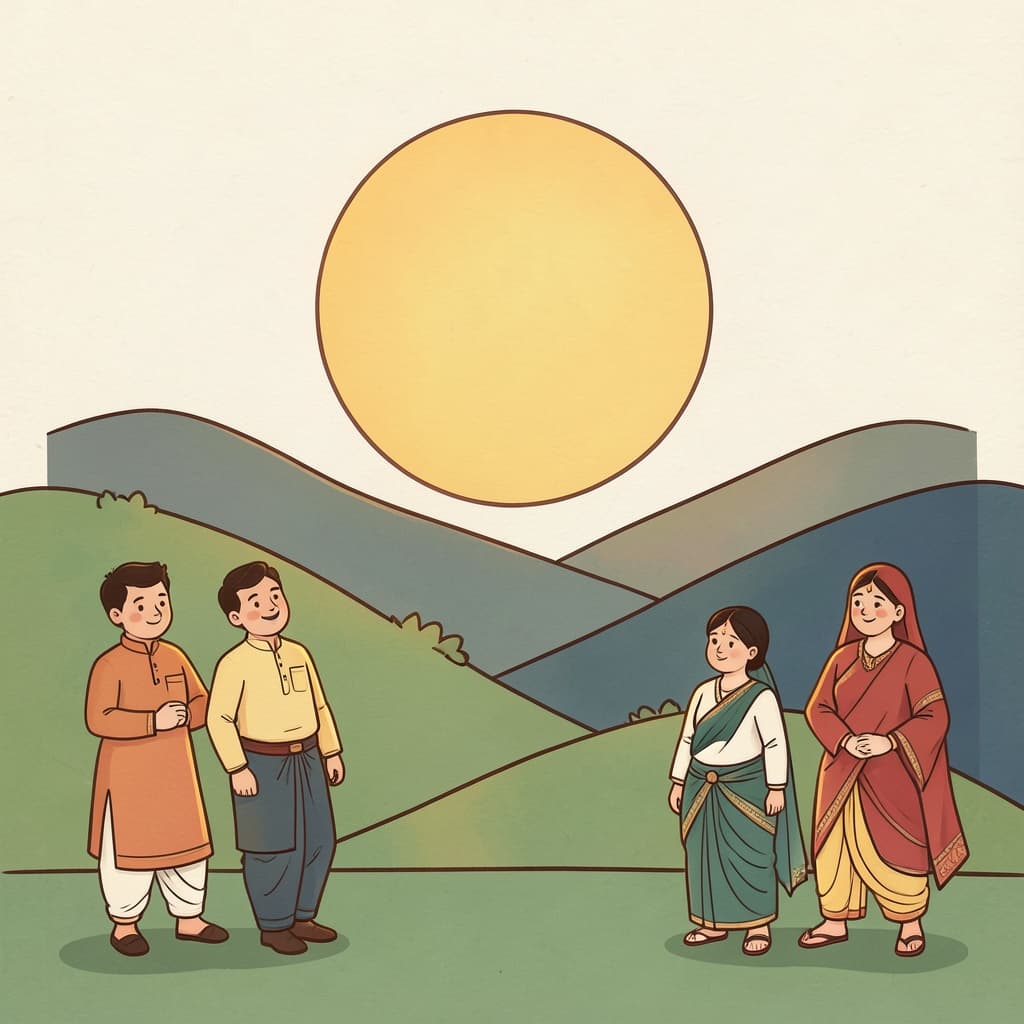 A big bright sun rising over green hills.