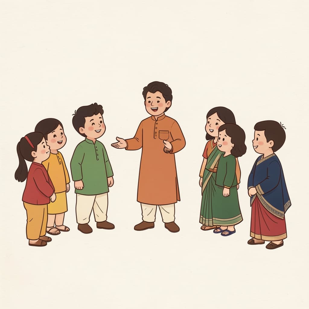 भासा (भाषा · language): A teacher speaking to a group of children who listen eagerly, gentle curved lines for sound.