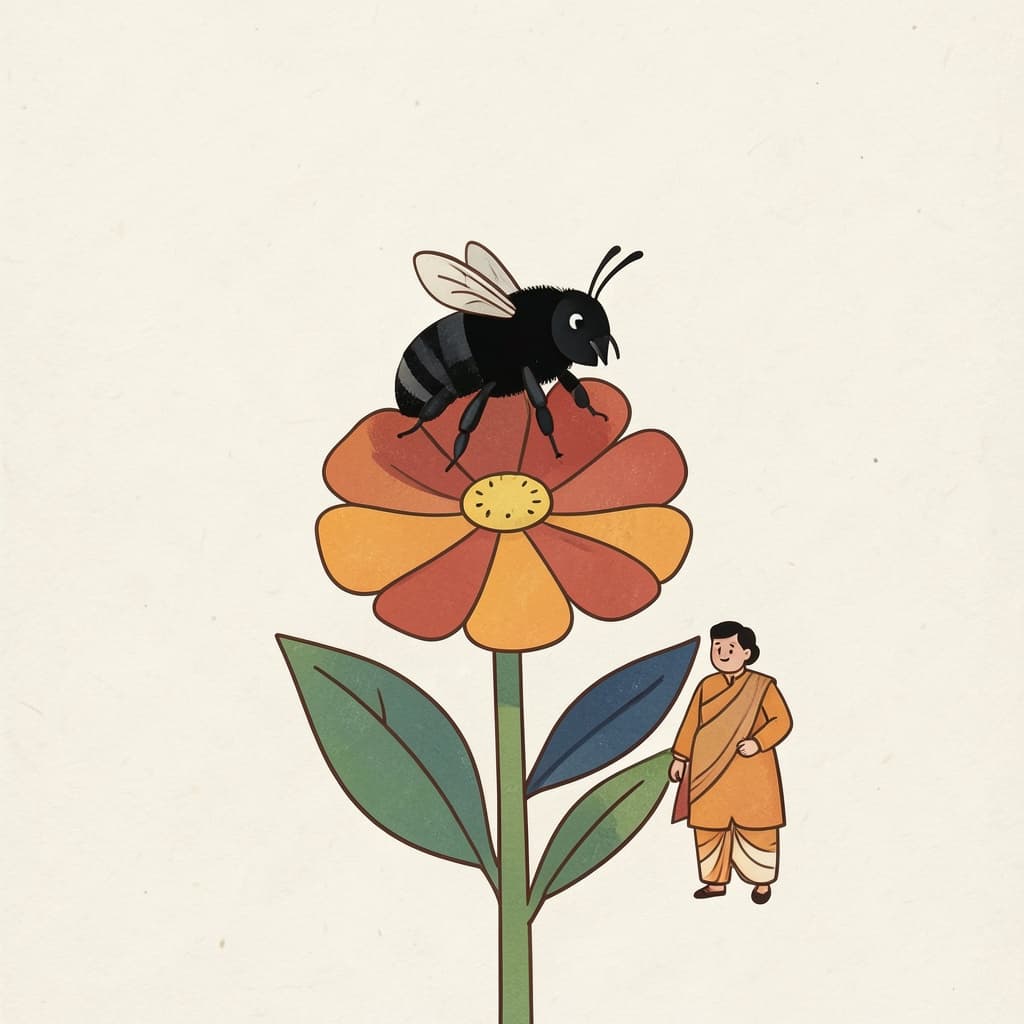 भमर (भौंरा · bee): A black bumblebee hovering over a bright flower.