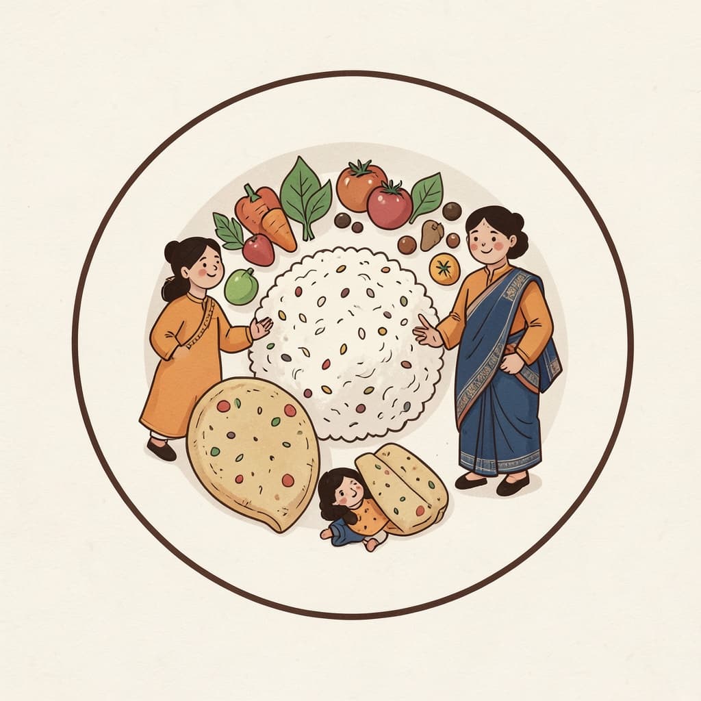A round plate with rice, dal, vegetables and chapati.