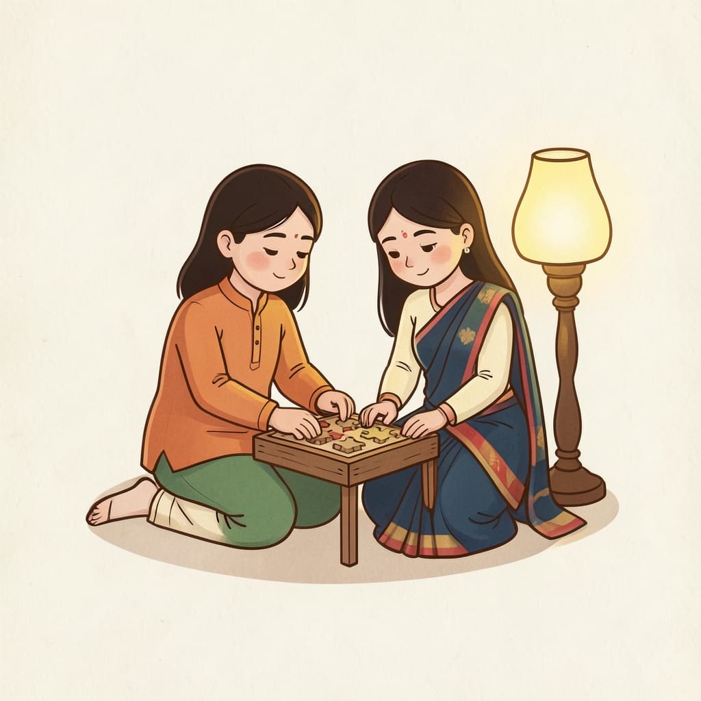 बुद्धि (बुद्धि · intellect): A clever girl solving a wooden puzzle, a bright lamp glowing beside her.